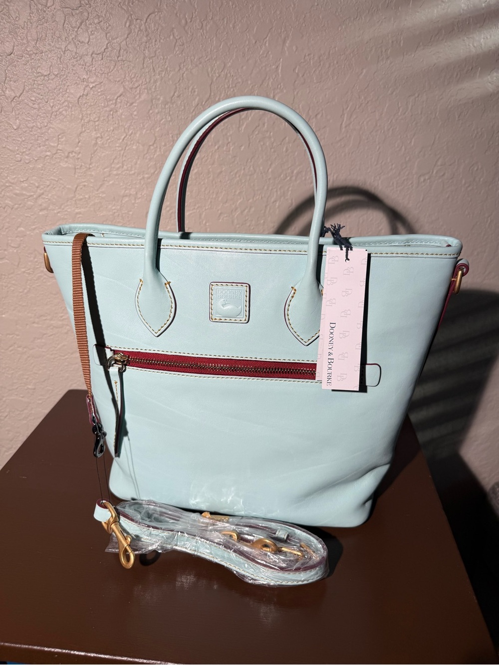 Dooney & Bourke Florentine Handle Tote – Pale Blue & Dark Red ($498) - Picture 5 of 16